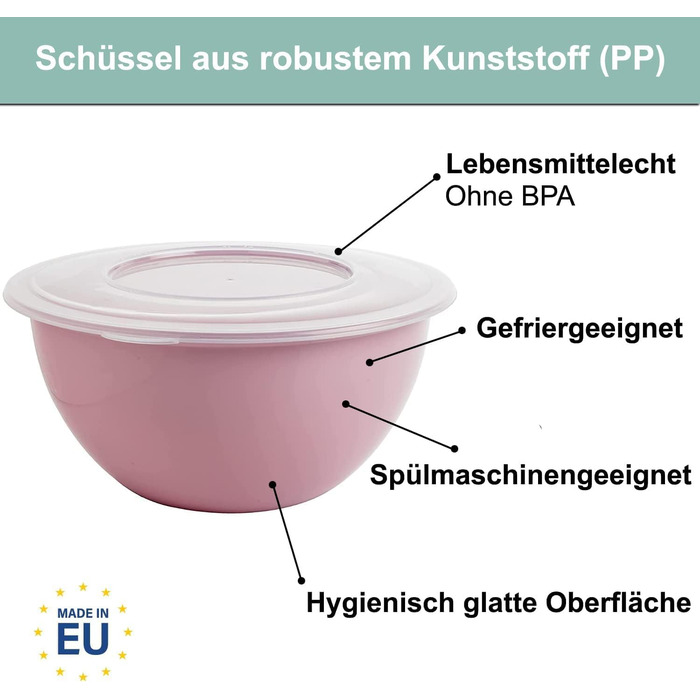 Миска з кришкою 5 л, салатниця з кришкою, миска для змішування, пластик (поліпропілен) без бісфенолу А, Колір Світло-сірий, пастельно-рожевий, пастельно-зелений, прозора кришка 5 л, Діаметр 28 см, виготовлена в ЄС, модель причал