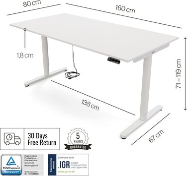 Дитяча парта Yaasa Desk Basic S, 120x70 см, з замком для ключів та USB-портом для зарядки, парта, що росте разом з дитиною (біла, 160 x 80 см)