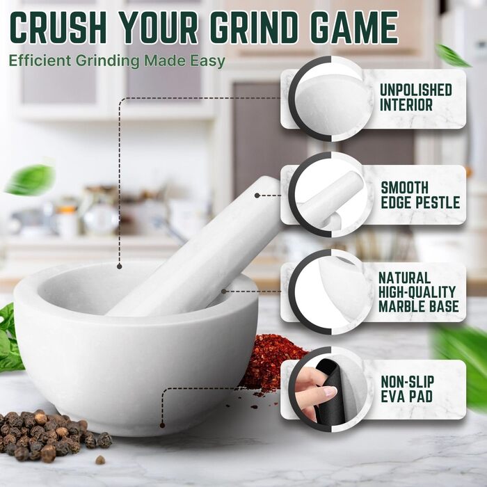 Мраморний ступка з товкачем Flexzion 14 см - набір для спецій, кухонний прилад, білий