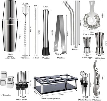 Набір шейкерів для коктейлів, бостонський шейкер з підставкою, 25 шт. барні аксесуари, нержавіюча сталь 750 мл, подарунковий набір