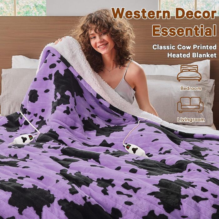 Електрична гріюча ковдра з принтом корови, повний розмір 183x213 см, фіолетова, 10 режимів нагріву, автоматичне вимкнення через 8 годин, флісова ковдра з декором гірської породи худоби, Sherpa