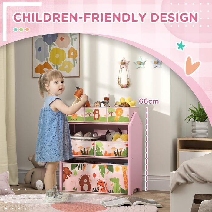 Дитячий органайзер для іграшок AIYAPLAY, 3 яруси, 6 висувних коробок, рожевий | Організація дитячої кімнати