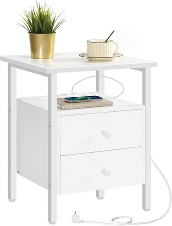 HOOBRO Тумбочка з зарядкою, приліжкова тумбочка, журнальний столик для дивану з 2 шухлядами, білий колір, 39 x 39 x 59 см, EWT43CBZ01G2