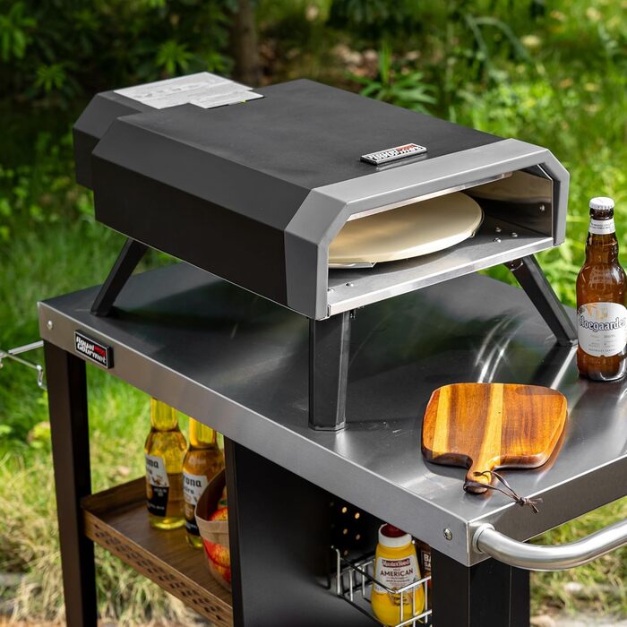 Роял Гормет: Робоча поверхня для гриля 85x50 см з нержавіючої сталі, візок на 3 яруси для гриля та піци, з ручками, тримачем для сміття та полицями для зберігання, легко миється та мобільний