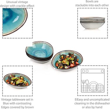 Сервіровка столових капрі з керамограніта, набір посуду з 12 предметів на 4 персони, синьо-зелений, Вінтажний сучасний дизайн (набір салатниць з 4 предметів).