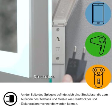 MIQU Дзеркало для ванної кімнати з підсвічуванням LED 60x50 см, сенсорне, проти запотівання, з Bluetooth та розеткою, 3 кольори світла, диммування