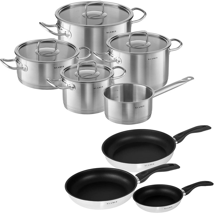 Набір каструль KLAMER Topfset Induktion – преміум якість, нержавіюча сталь, з кришкою з термостійкого скла, без антипригарного покриття, підходить для індукційних плит, можна мити в посудомийній машині, енергозберігаючий, для духовки та з мірною шкалою