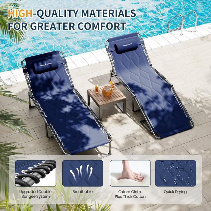 Розкладне ліжко для кемпінгу UDPATIO: зручне ліжко для відпочинку на природі з регульованою спинкою та подушкою (Navy)