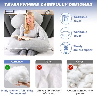 Подушка для вагітних Avmvnvc U-подібної форми, XXL, для сну на боці, знімний чохол з джерсі (сірий)