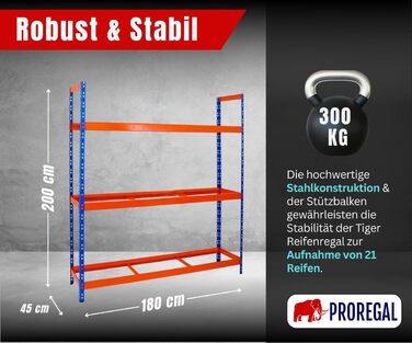 Стелаж для шин PROREGAL Tiger XL: 200x180x45 см, 300 кг навантаження, до 21 шини (205/55 R16), блакитно-помаранчевий, для майстерні, складу, підвалу