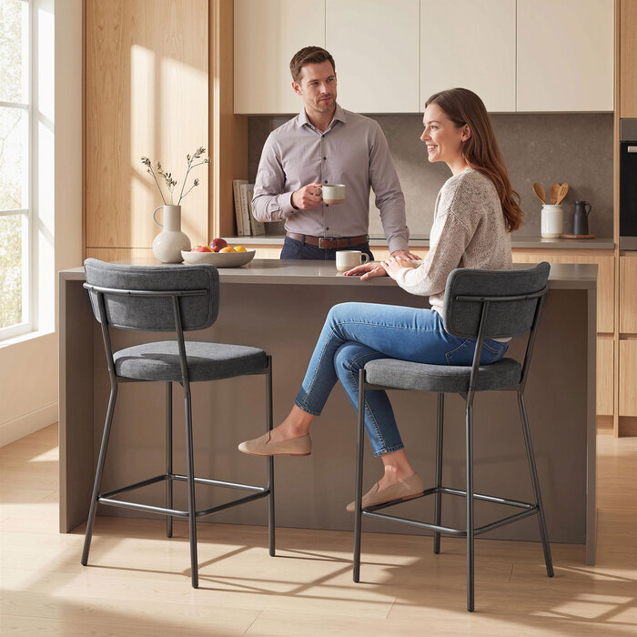 Набір з двох барних стільців, м'які барні стільці з вигнутою спинкою, для кухонного острова, зони сніданків, сірого кольору.