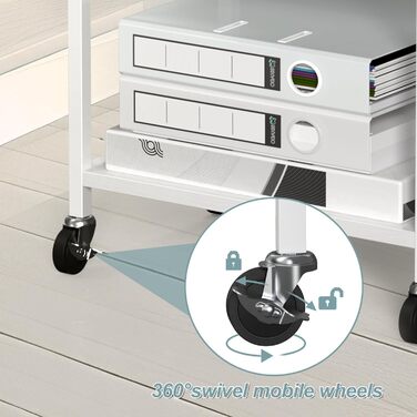 Двоярусний стіл для принтера з роликами Nandae, 30x42x37 см. Підставка для принтера з дерева та металу, мобільний візок з 4 колесами, полиця для зберігання в офіс або вітальню (білий)