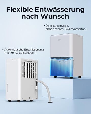 Електричний осушувач повітря Woleix 20L - для підвалу, кімнат до 150 м³/50 м², з таймером, фільтром та 1м шлангом, 10 років гарантії (2 шт.), продуктивність 12л/24г