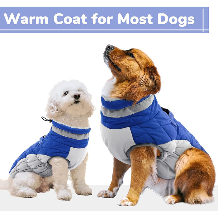 Зимове пальто для собак CITTOILE, куртка для собак з шлейкою, водонепроникне пальто для собак з флісовою підкладкою для маленьких собак, теплий одяг для собак зі світловідбиваючим покриттям для маленьких собак середнього розміру, (XXL, синій)