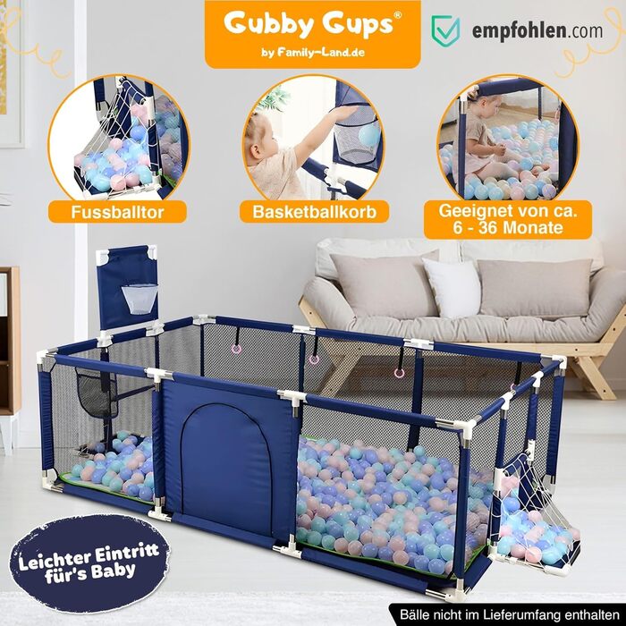 Дитячий ігровий центр GUBBY GUPS® з м'ячами та баскетбольним кільцем (та футбольними воротами), 188x124x66 см. Ідеально для розвитку та активних ігор.