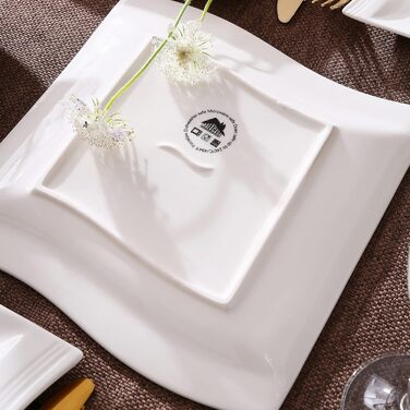 MALACASA Серія Flora – 60-елементний посудний сервіз для 12 осіб – кремово-білий порцелан з квадратним дизайном (тарілки, чашки, блюдця) – підходить для миття в посудомийній машині та для використання в мікрохвильовій печі