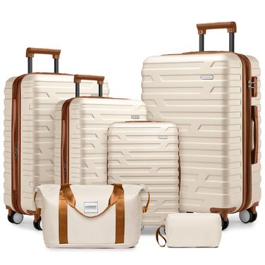 Набір валіз LARVENDER 6 шт. з твердим корпусом, легкий ABS, розширюваний, з TSA-замком, ручна поклажа, з сумкою та косметичкою, білий/коричневий