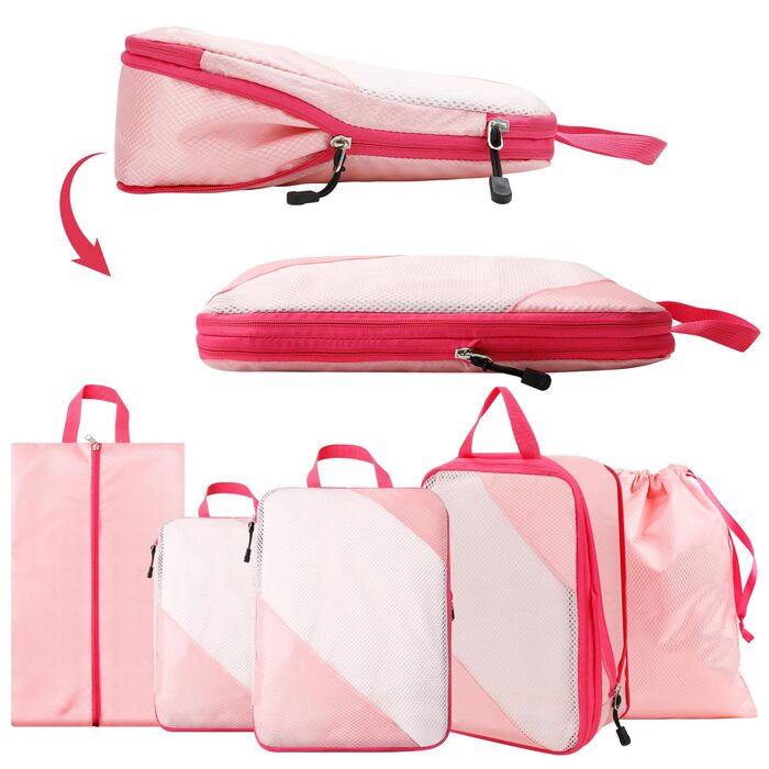 Набір компресійних органайзерів для подорожей AiQInu (5 шт.), ультралегкі сумки для пакування одягу в валізу з мішком для взуття та прання, рожеві