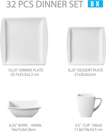 MALACASA Серія Flora – 60-елементний посуд для 12 осіб – кремово-білий порцеляновий сервіз з квадратним дизайном (тарілки, чашки, підтарілки) – придатний для миття в посудомийній машині та використання в мікрохвильовій печі, білий