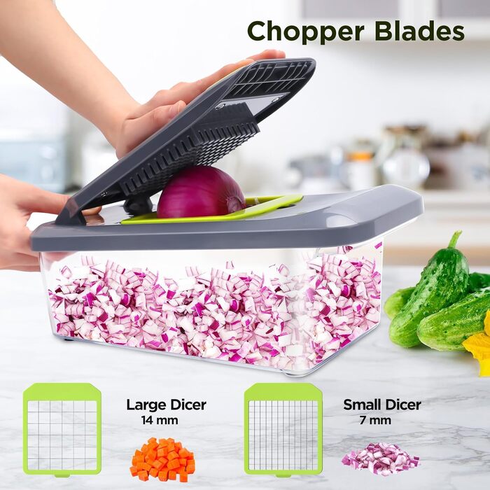 Ручний овочевий слайсер-мандоліна з 6 лезами та контейнером 3.3L - професійний овочевий слайсер з захистом рук, багатофункціональний, для слайсів, жульєну та подрібнення цибулі, чорно-зелений