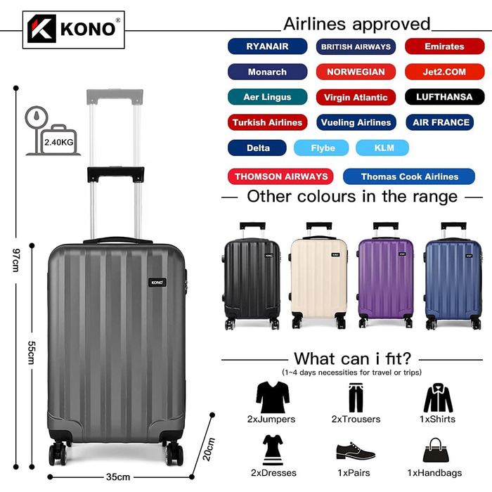 KONO Легкий ручний багаж, 55 x 35 x 20 см, жорсткий корпус, ABS, 4 колеса, сірий колір