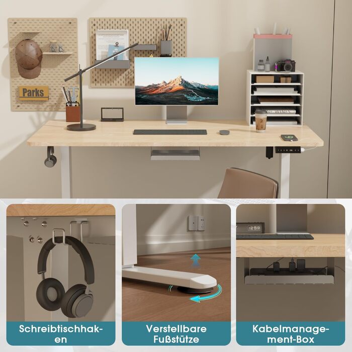 Регульований за висотою стіл Airfish з USB-портом, електричний, з органайзером для кабелів, комп'ютерний/офісний стіл, стоячий стіл з нагадуванням про сидячий режим, 160x80 см, Бежево-білий