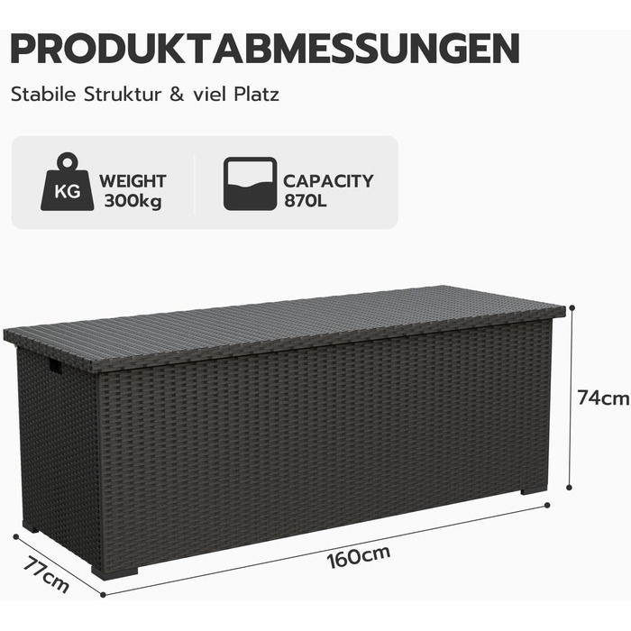 Скриня для подушок садових Polyrattan Amopatio 650л, водонепроникна, з газліфтом, чорна. Ящик для зберігання для саду та балкону