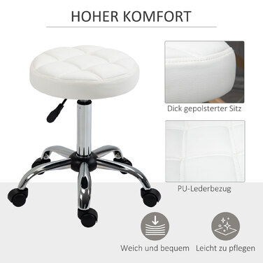 Vinsetto Rolling Stool Регульований по висоті поворотний робочий стілець для офісу та салону, штучна шкіра Білий Ø35,5 x 51-67 см