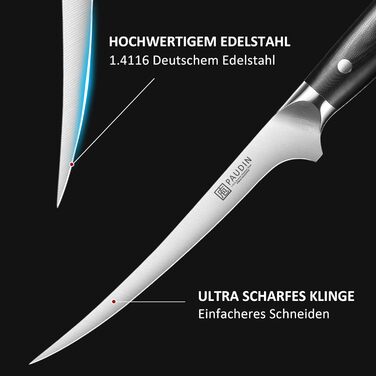 Набір кухонних ножів Paudin 7 предметів з дерев'яним блоком, професійний набір ножів для кухні, з високоякісним лезом та ABS ручками (рибний ніж)