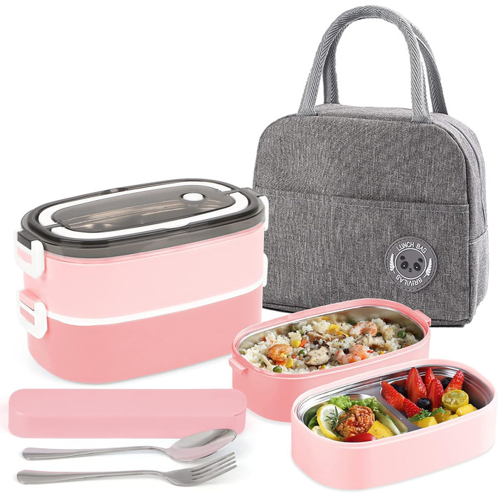 Ланчбокс дорослий та дитячий з сумкою, 3 відділи, витоки неможливі, для мікрохвильовки, бенто-бокс для роботи, школи, пікніка, подорожей (рожевий)