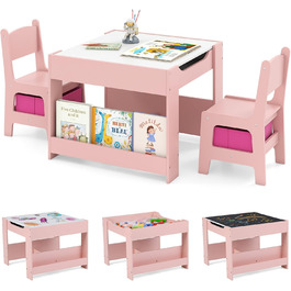 Дитячий стіл LIFEZEAL 3 в 1 з 2 стільцями: стіл для малювання, активностей та обіду. Дерев'яна дитяча група з місцем для зберігання (Рожевий)