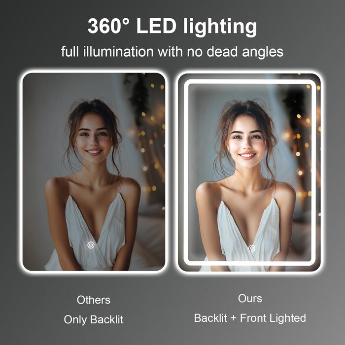 Дзеркало для ванної кімнати MYGIIVOVO з підсвічуванням LED, сенсорне керування, 3 кольори, регулювання яскравості (48x68 см)