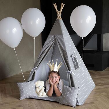 Дитяче намет PaLulli® Tipi з бавовни, з м'яким килимком, системою стабілізації, лампою-ліхтарем та декоративними подушками (сірий зі зірками)