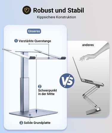 Регульований підставка для ноутбука, стійка для ноутбука на стіл, можливість стоячи, підставка для DJ ноутбука, компактна альтернатива столу, сумісна з MacBook та ноутбуками 13' - 16.5', чорний (сріблястий)