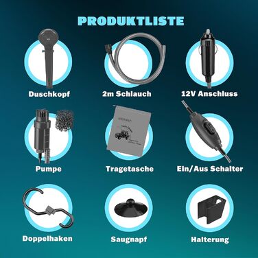 Monzana® Переносна кемпінгова душ з насосом 12V, KFZ-адаптер, сумка для зберігання, 2м шланг, 5м кабель, для авто, собак, саду, антрацит