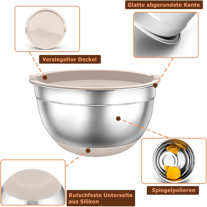 Набір місок TEAMFAR з нержавіючої сталі: салатові міски з кришкою та силіконовим дном, 0.7-6.5 л, (Хакі, 2)