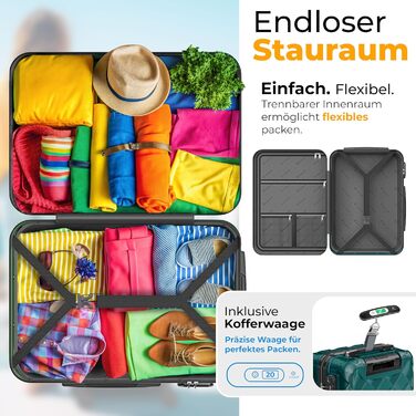 Набір валіз KESSER з 4 предметів, жорсткий корпус ABS, кодовий замок, ваги для багажу та дорожня сумка, колеса 360°, колір Petrol