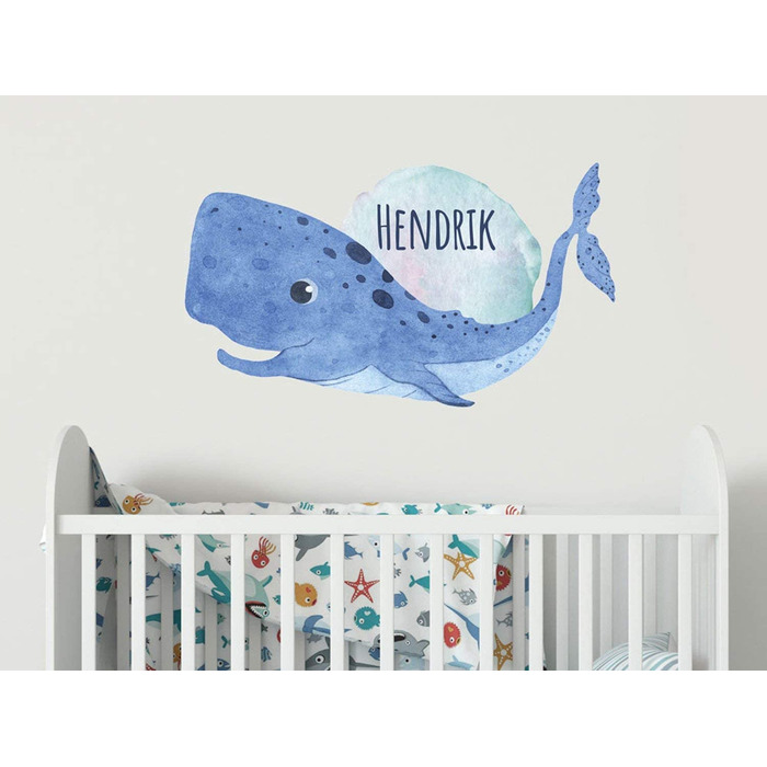 Наклейка на стіну для дитячої кімнати з ім'ям синього кита XXL великого розміру, наклейка на стіну для дитячої кімнати для дівчаток, персоналізована акварель, наклейка на стіну, прикраса для хлопчиків, ШХХ, (100X57 см)