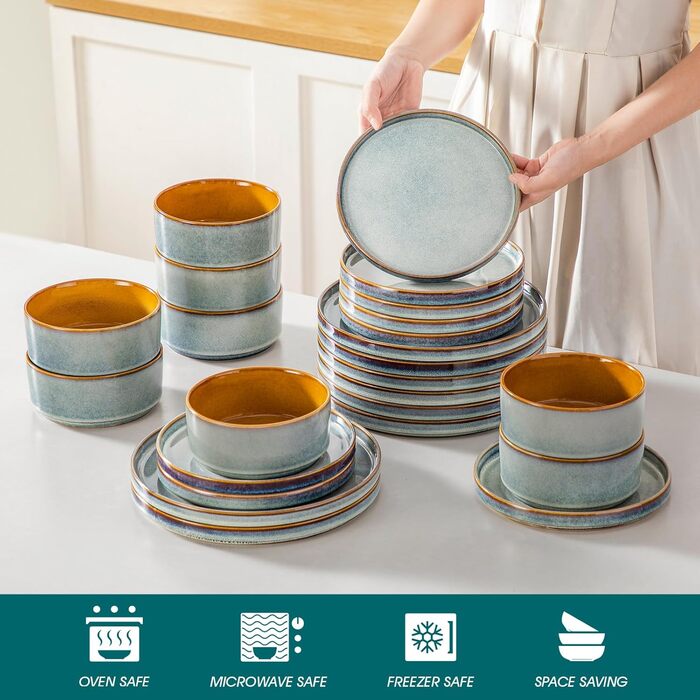 Набір посуду Vancasso Steingut, 24 елементи, на 8 осіб, блакитний, преміум-якість, серія ONION. Тарілки, салатники, миски. Галактичний дизайн.