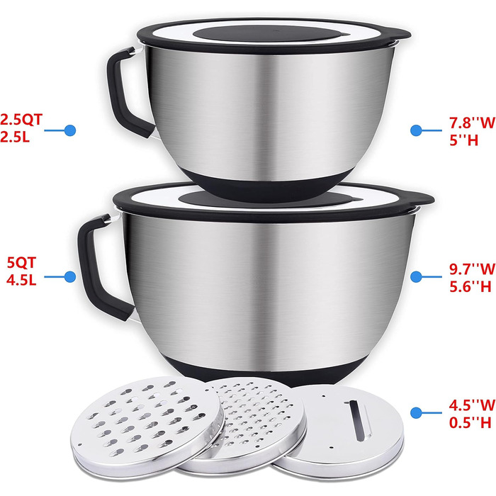 Набір місок для перемішування HAPPY KIT 18/8 з кришкою, 2 шт. (3QT, чорний). З нержавіючої сталі, з виливом, антиковзким дном та насадками для тертя.