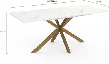 Розсувний обідній стіл Alix з мармуровим ефектом, 160-200 см, для 6-10 осіб, з ніжками-павуком, Металевий, Золотистий