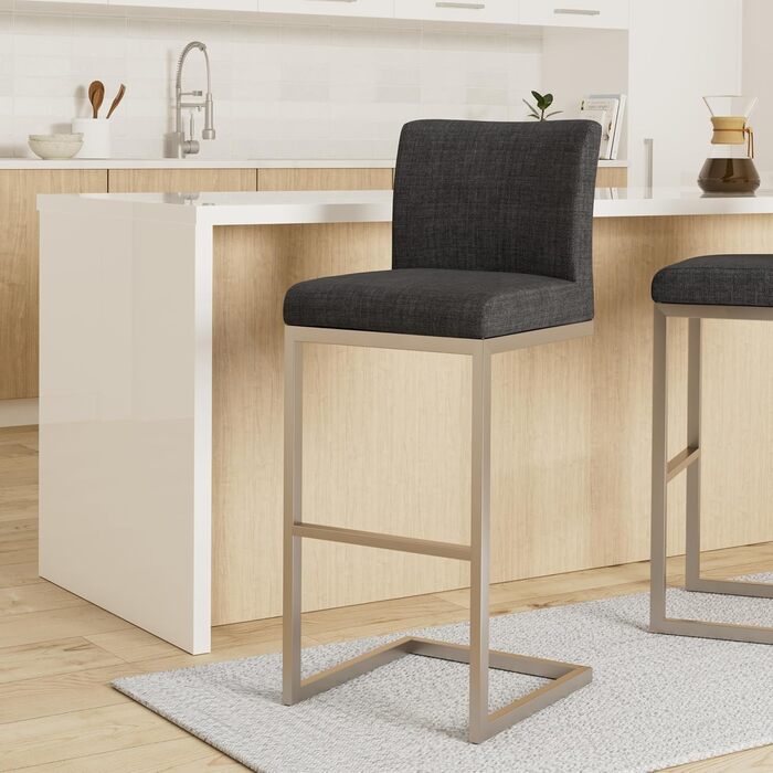 Барний стілець Paros з нержавіючої сталі, тканинне сидіння, з підлокітниками та підставкою для ніг, темно-сірий