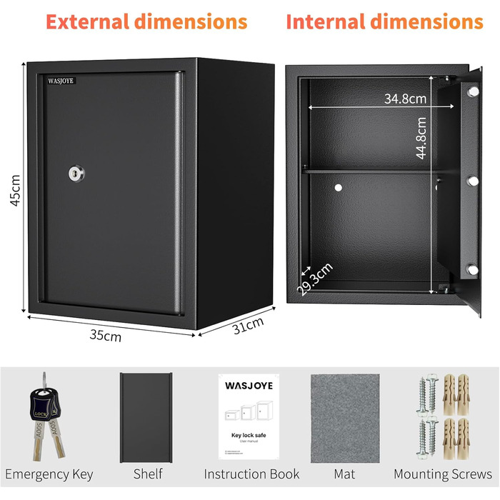 Safe Tresor WASJOYE: Сейф для дому та офісу з ключем, 49L, 45x35x31 см