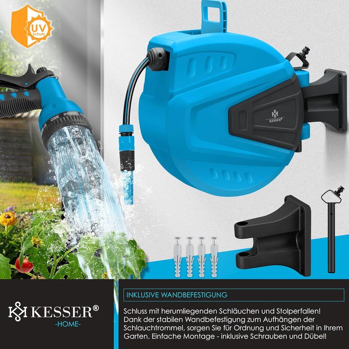 KESSER® Автоматична кавова машина для шлангів 30м з підключенням до стіни, автозмотування, поворот 180°, насадка-пістолет з 9 режимами, 2 насадки (Синій)