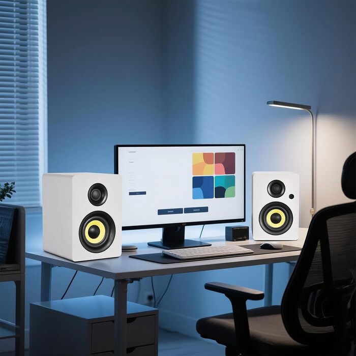 Sanyun SW206: 4-дюймові Hi-Fi акустичні колонки з режимом Studio, 80W, Bluetooth 5.4, USB DAC, для програвачів, TV, PC, MDF корпус, білі