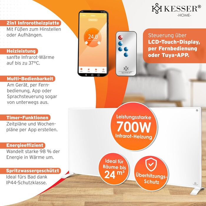Інфрачервовий обігрівач KESSER® 700W: енергозберігаючий, з пультом та термостатом, настінний/підлоговий, білий