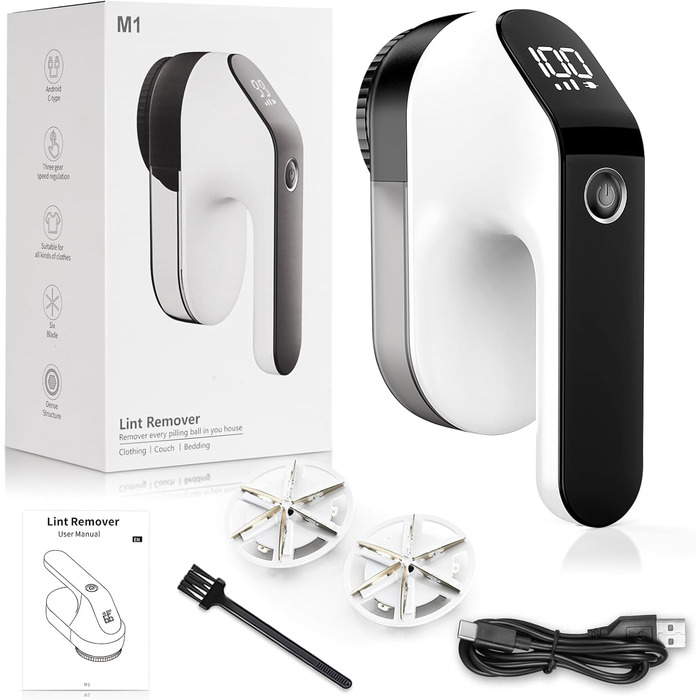 Електричний видалення ворсу Maxtachi: бездротовий пристрій для одягу з 3 швидкостями, 6-клинковий насадка, LED-дисплей, чорний