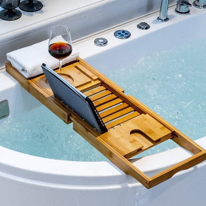 Бамбукова підставка для ванни, висувна дошка для ванни регульована довжина 70-105 см, місток для ванни для купання, (70-105) х 23 х 3 см (натуральна)