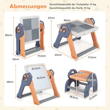 Набір DREAMADE 6-в-1 для дітей: стіл, стілець, дошка для малювання/конструктор, стіл з місцем для зберігання та 102 деталі. Для дітей від 3 років (Модель 1)