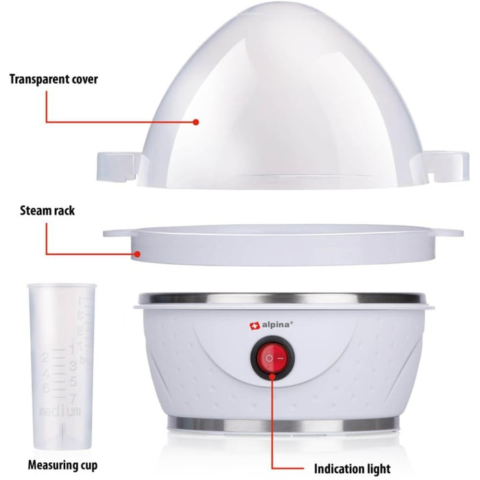 Електрична яйцеварка Alpina Яйцеварка на 7 яєць з мірним стаканчиком, підставкою для яєць і наклейкою для яєць 230 В 320380 Вт Попереджувальний сигнал Нековзний Яйця м'якого/середньої твердості або зварені круто